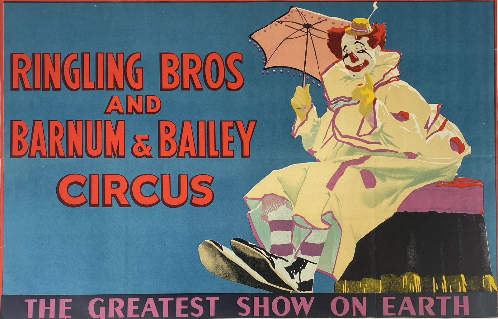 RINGLING BROS. BARNUM & BAILEY CIRCUS POSTER: ONE SHEET, 1940'S. UNMOUNTED, FOLDS, MARGINS TRIMMMED. 26"X40.5"