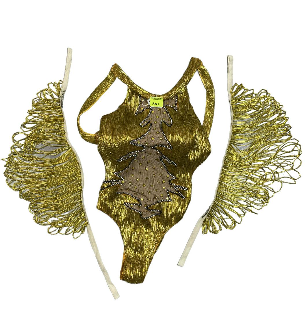 ZOPPE - SHERYLL FAMILY CIRCUS WARDROBE: CANARY ONE PIECE WITH BUGLE BEAD AND RHINESTONE ACCENTS WITH SASH. OPEN BACK. SMALL. THE ZOPPE - SHERYLL FAMILY HAVE BEEN ACTIVE IN CIRCUS AND SHOW PERFORMANCE FOR OVER 50 YEARS WITH FOCUS ON COMEDY A