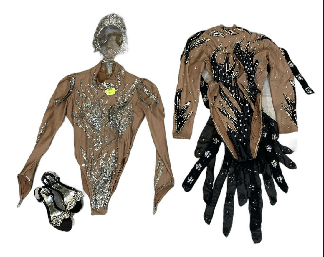 ZOPPE - SHERYLL FAMILY CIRCUS WARDROBE: PAIR OF WARDROBE HAVING BEAD, GLITTER AND RHINESTONE ACCENTS, HEADPIECE ACCENT AND SHOES. SMALL-MEDIUM. THE ZOPPE - SHERYLL FAMILY HAVE BEEN ACTIVE IN CIRCUS AND SHOW PERFORMANCE FOR OVER 50 YEARS WIT