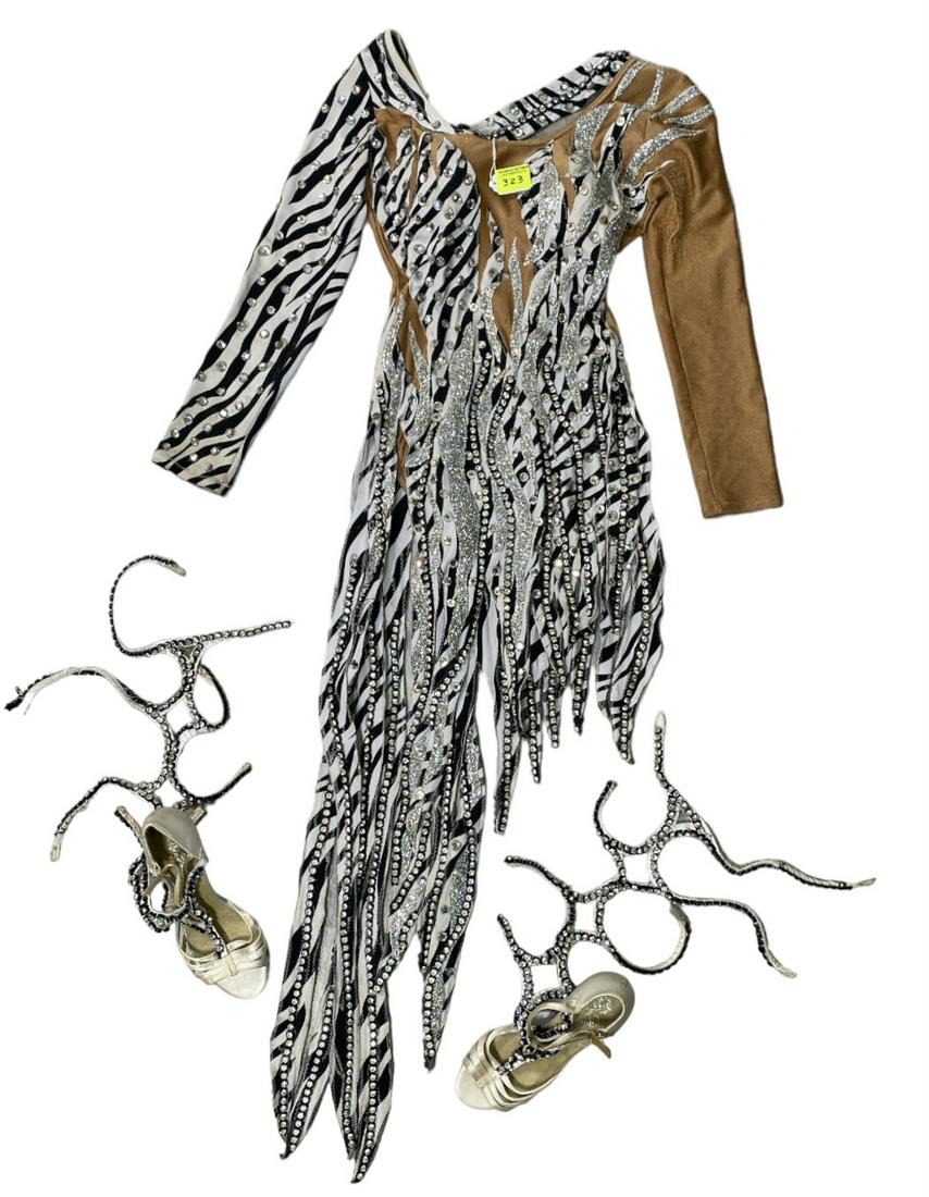 ZOPPE - SHERYLL FAMILY CIRCUS WARDROBE: ZEBRA PATTERN, RHINESTONE AND GLITTER ACCENTS WITH SHOES. SMALL. THE ZOPPE - SHERYLL FAMILY HAVE BEEN ACTIVE IN CIRCUS AND SHOW PERFORMANCE FOR OVER 50 YEARS WITH FOCUS ON COMEDY ACTS, JUGGLING, BALAN