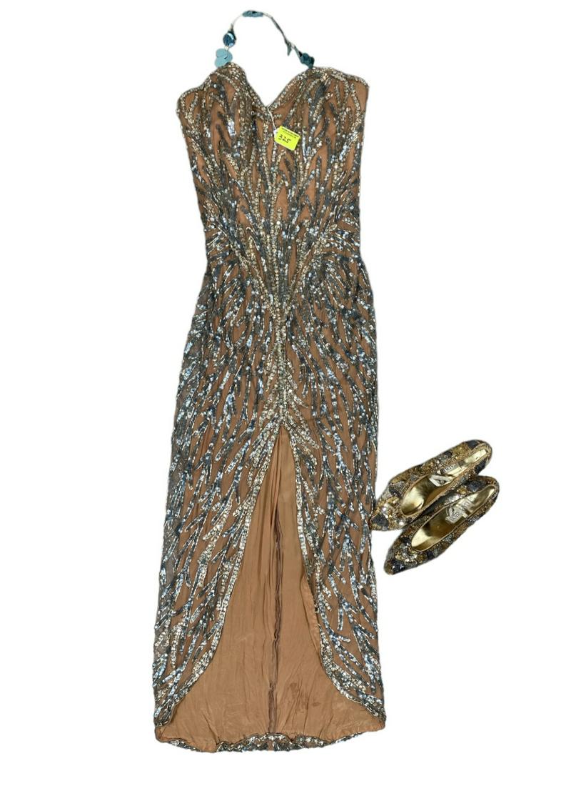 ZOPPE - SHERYLL FAMILY CIRCUS WARDROBE: SEQUINS AND BEAD ACCENTED SHOW GOWN WITH SHOES. SMALL. THE ZOPPE - SHERYLL FAMILY HAVE BEEN ACTIVE IN CIRCUS AND SHOW PERFORMANCE FOR OVER 50 YEARS WITH FOCUS ON COMEDY ACTS, JUGGLING, BALANCE, ROYAL 