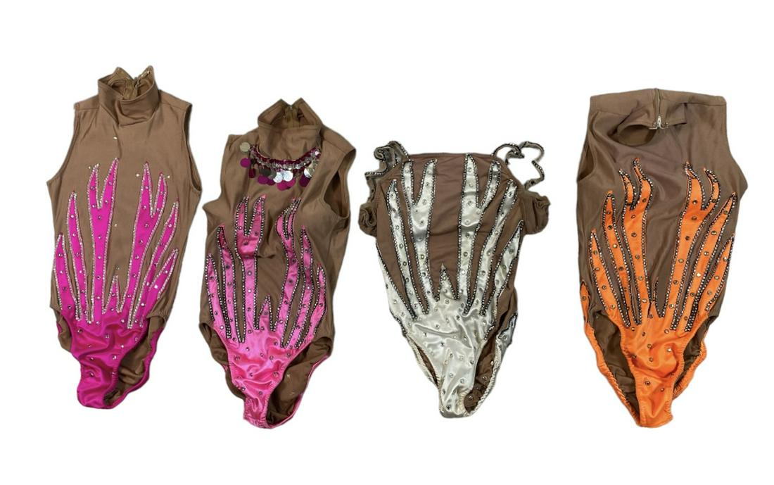 ZOPPE - SHERYLL FAMILY CIRCUS WARDROBE: FOUR ONE-PIECE, BEAD AND RHINESTONE ACCENTS. SMALL. THE ZOPPE - SHERYLL FAMILY HAVE BEEN ACTIVE IN CIRCUS AND SHOW PERFORMANCE FOR OVER 50 YEARS WITH FOCUS ON COMEDY ACTS, JUGGLING, BALANCE, ROYAL AFG