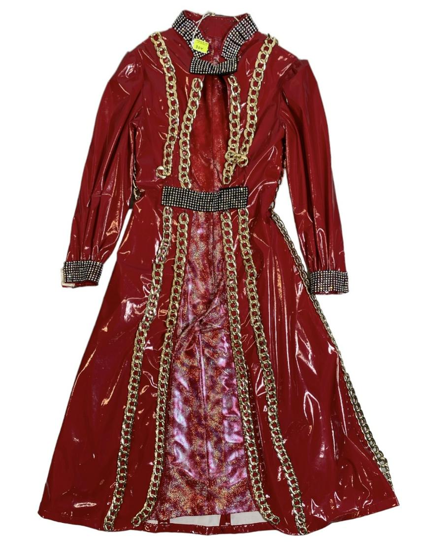 ZOPPE - SHERYLL FAMILY CIRCUS WARDROBE: CUSTOM-MADE RED WITH VINYL ROBE, GILT CHAIN AND RHINESTONE ACCENTS. SMALL-MEDIUM. THE ZOPPE - SHERYLL FAMILY HAVE BEEN ACTIVE IN CIRCUS AND SHOW PERFORMANCE FOR OVER 50 YEARS WITH FOCUS ON COMEDY ACTS