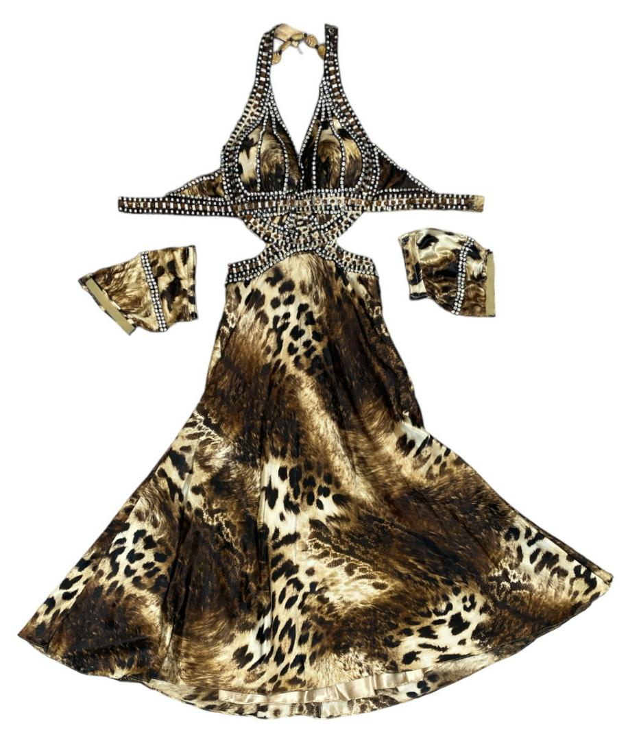 ZOPPE - SHERYLL FAMILY CIRCUS WARDROBE: ANIMAL PRINT SHOW DRESS. ARM CUFFS, RHINESTONE. WOMANS SMALL. THE ZOPPE - SHERYLL FAMILY HAVE BEEN ACTIVE IN CIRCUS AND SHOW PERFORMANCE FOR OVER 50 YEARS WITH FOCUS ON COMEDY ACTS, JUGGLING, BALANCE,