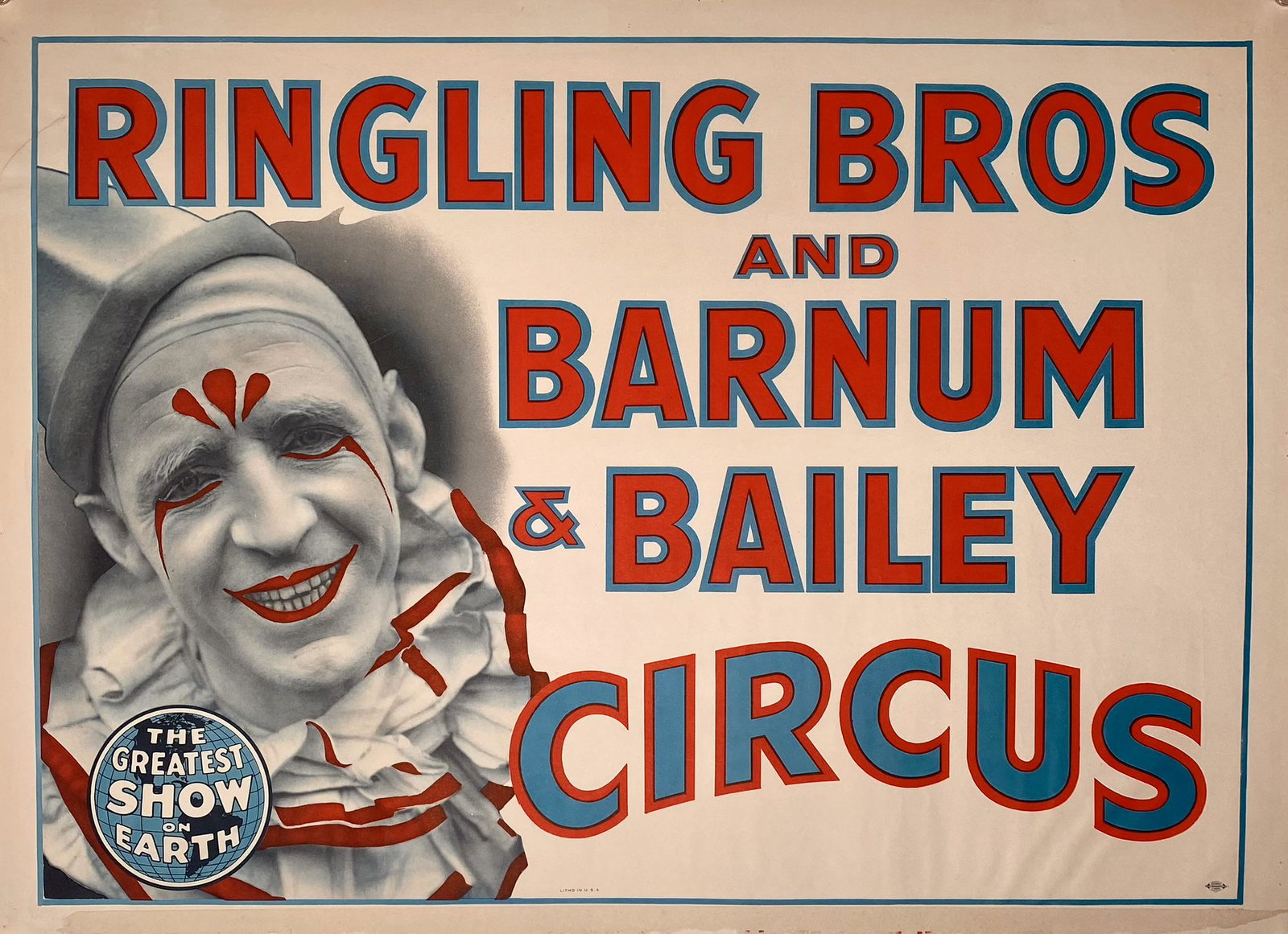 RINGLING BROS. BARNUM & BAILEY CIRCUS POSTER: HALF SHEET, 1940'S. UNMOUNTED, DATE TAG SKINNING. 20.5"X28"