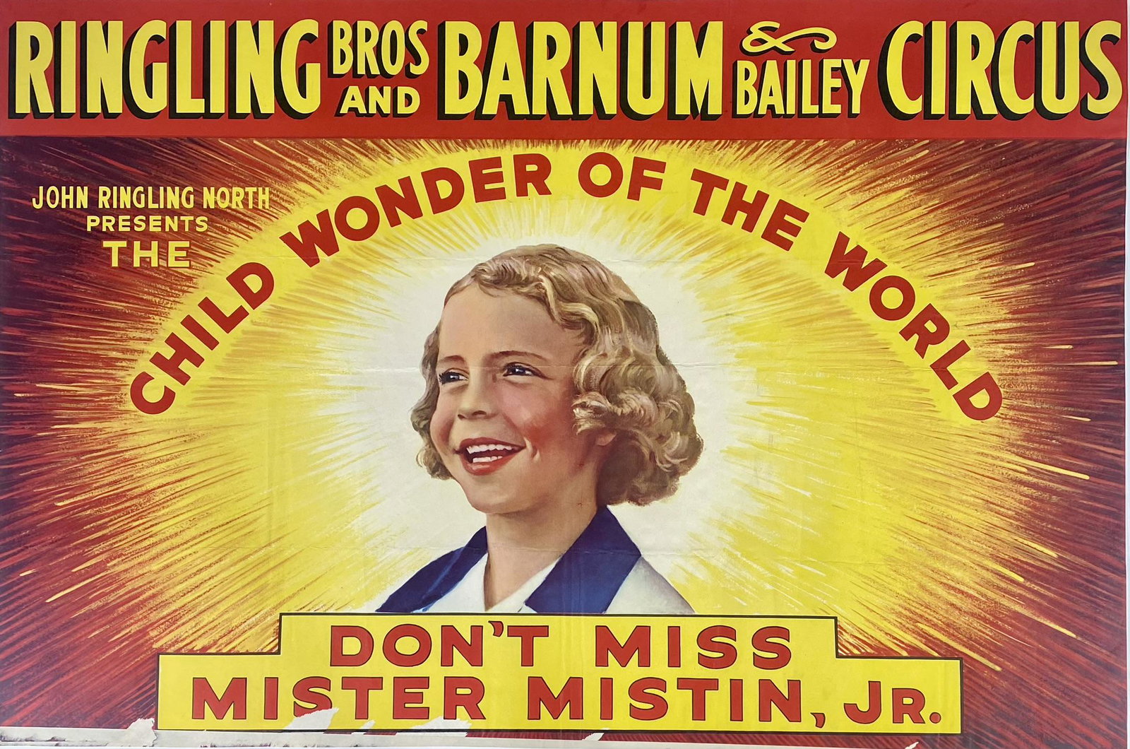 RINGLING BROS. BARNUM & BAILEY CIRCUS POSTER: ONE SHEET, 1950'S. FEATURING MISTER MISTIN, JR. UNMOUNTED, MARGINS TRIMMED, TAPE ON REVERSE. 26"X39"