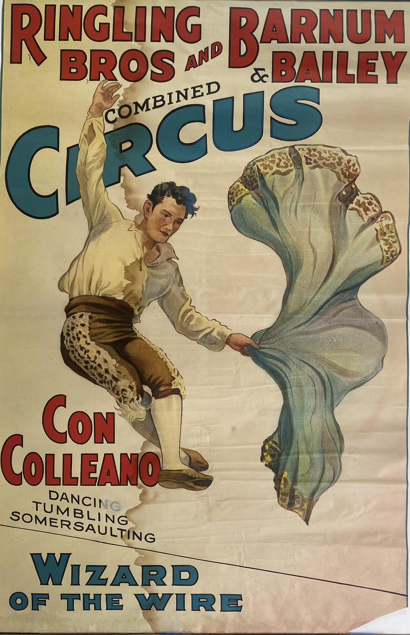RINGLING BROS. BARNUM & BAILEY CIRCUS POSTER: ONE SHEET, 1935. FEATURING CON COLLEANO - WIZARD OF THE WIRE. UNMOUNTED, MARGINS TRIMMED, STAINING, LOSS AT CORNER. 25"X39"
