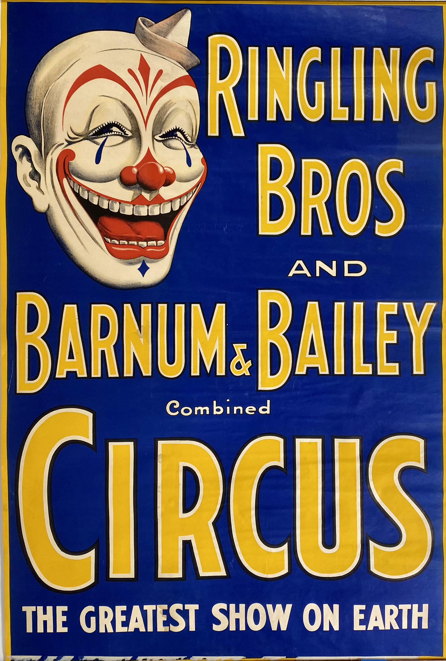 RINGLING BROS. BARNUM & BAILEY CIRCUS POSTER: ONE SHEET, 1935. SMILING CLOWN ON TITLE SHEET. UNMOUNTED, TAPE REPAIRS, MARGINS TRIMMED, STAINING. 26"X38.5"