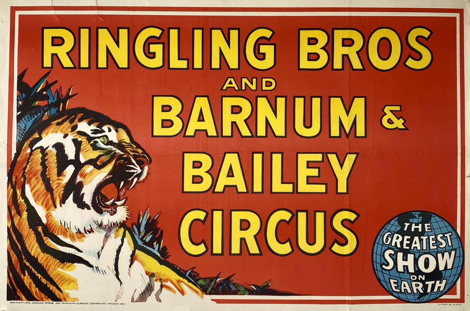 RINGLING BROS. BARNUM & BAILEY CIRCUS POSTER: ONE SHEET, 1942. UNMOUNTED, FOLDS, TEARS AT MARGINS. 28"X42"