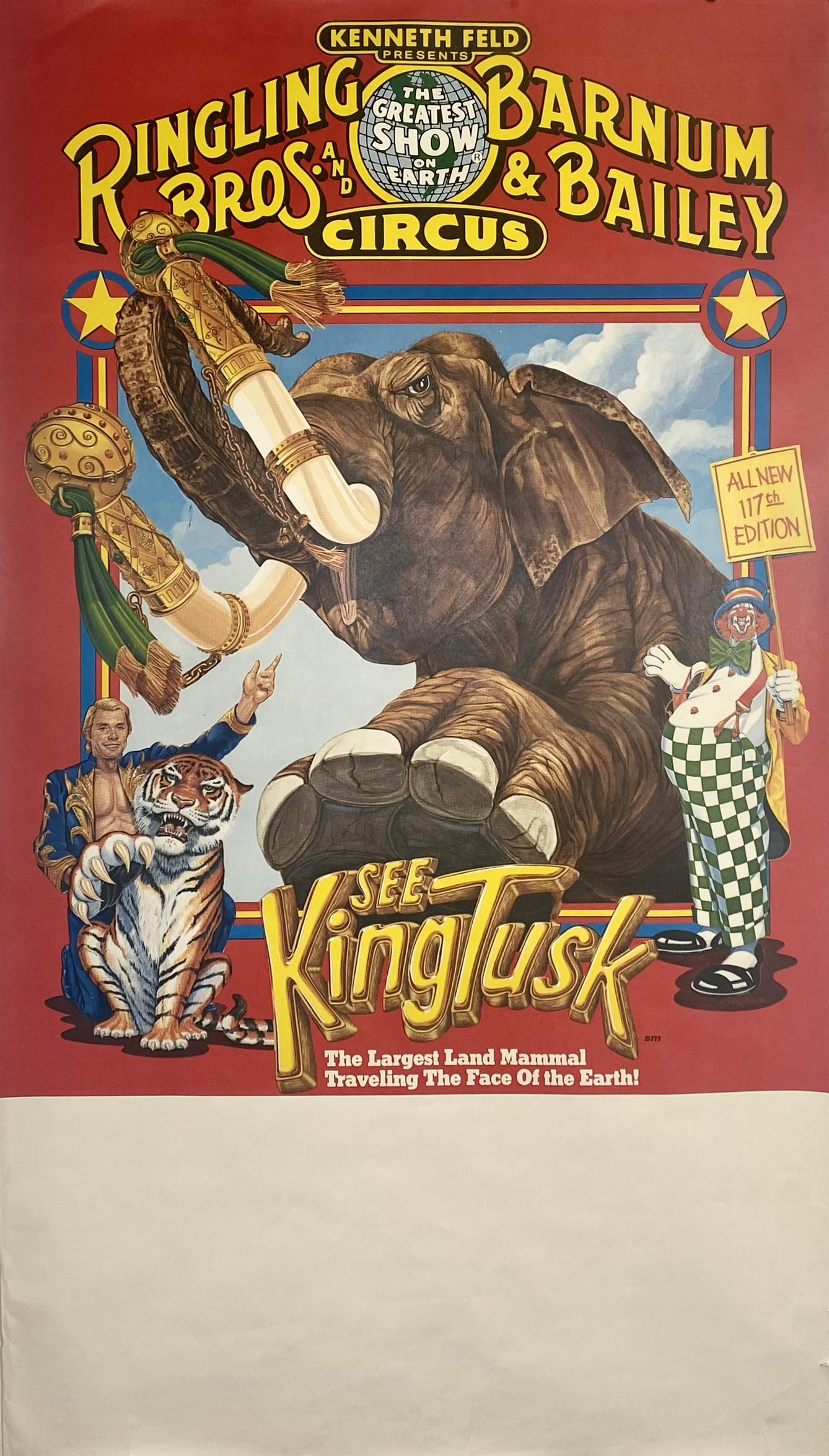 RINGLING BROS. BARNUM & BAILEY CIRCUS POSTER: THREE SHEET FEATURING KING TUSK, 1987. 43"X76"