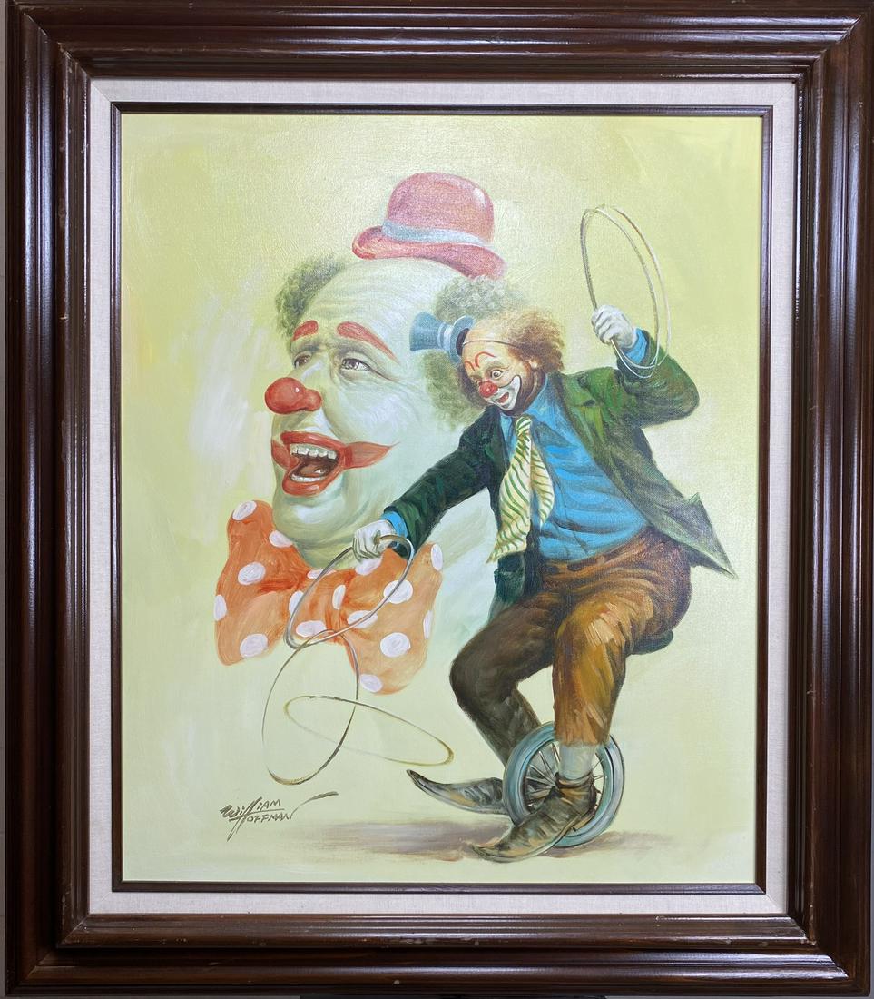 WILLIAM HOFFMAN CLOWN PAINTING: WILLIAM HOFFMAN (AMERICAN, 20TH C.) PAINTING OF CLOWN ACT. 27"X31"