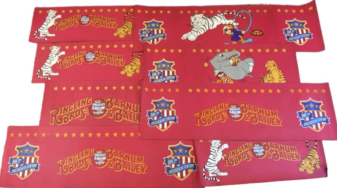 RINGLING BROS AND BARNUM & BAILEY SHOW PANELS: LOT OF VINYL WITH PRINTED GRAPHIC DESIGNS WITH VELCRO BACKING INTENDED AS SHOW SKIRTING. 8 PANELS LARGEST IS 39"X141