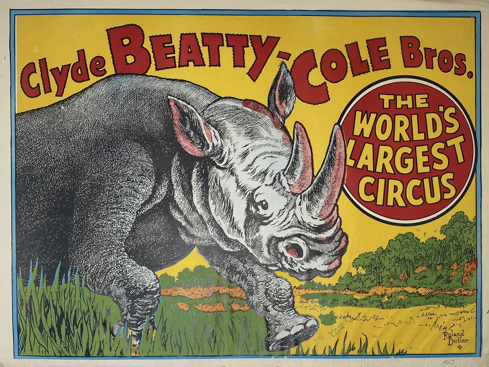CLYDE BEATTY COLE BROS. CIRCUS POSTER: HALF SHEET, ROLAND BUTLER DESIGN. UNMOUNTED, MARGINS TRIMMED. 20.5"X28"