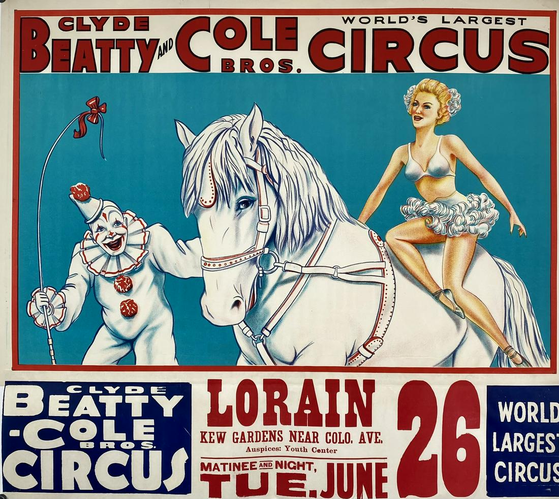 CLYDE BEATTY COLE BROS. CIRCUS POSTER: ONE SHEET WITH DATE TAG. UNMOUNTED. 36"X41"
