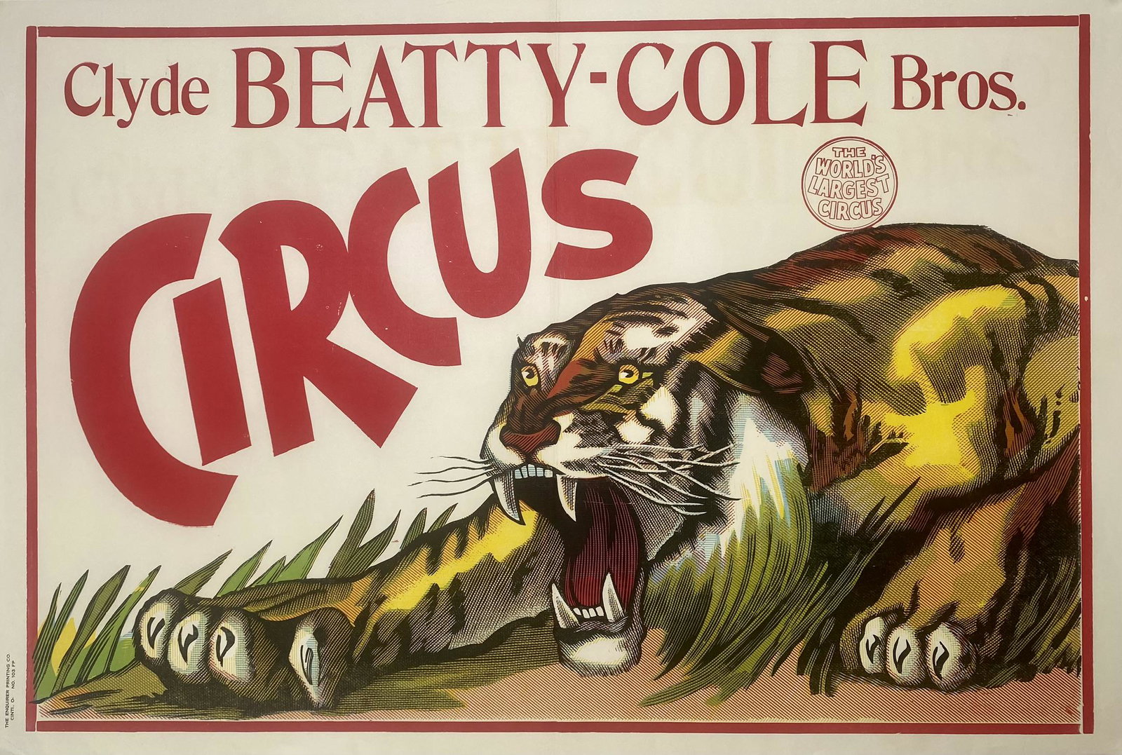 CLYDE BEATTY COLE BROS. CIRCUS POSTER: ONE SHEET, ENQUIRER. UNMOUNTED, FOLD. 28"X42"