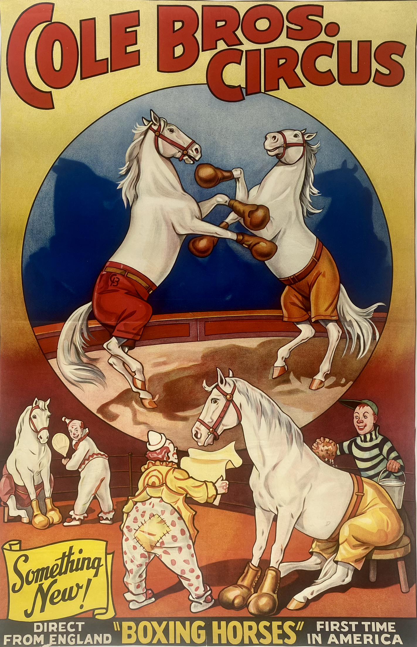 COLE BROS. CIRCUS POSTER: ONE SHEET FEATURING BOXING HORSES. UNMOUNTED, MARGINS TRIMMED, FOLDS. 26"X40"