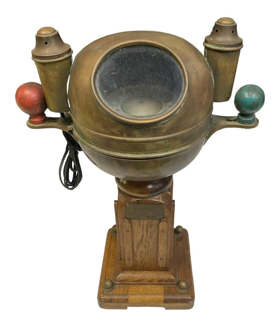 ANTIQUE SESTREL NAUTICAL BINNACLE COMPASS: BINNACLE WITH COMPASS, HENRY BROWNE AND SON, LTD. BARKING - ESSEX. TYPE SJ. FUNCTIONAL. 20"H
