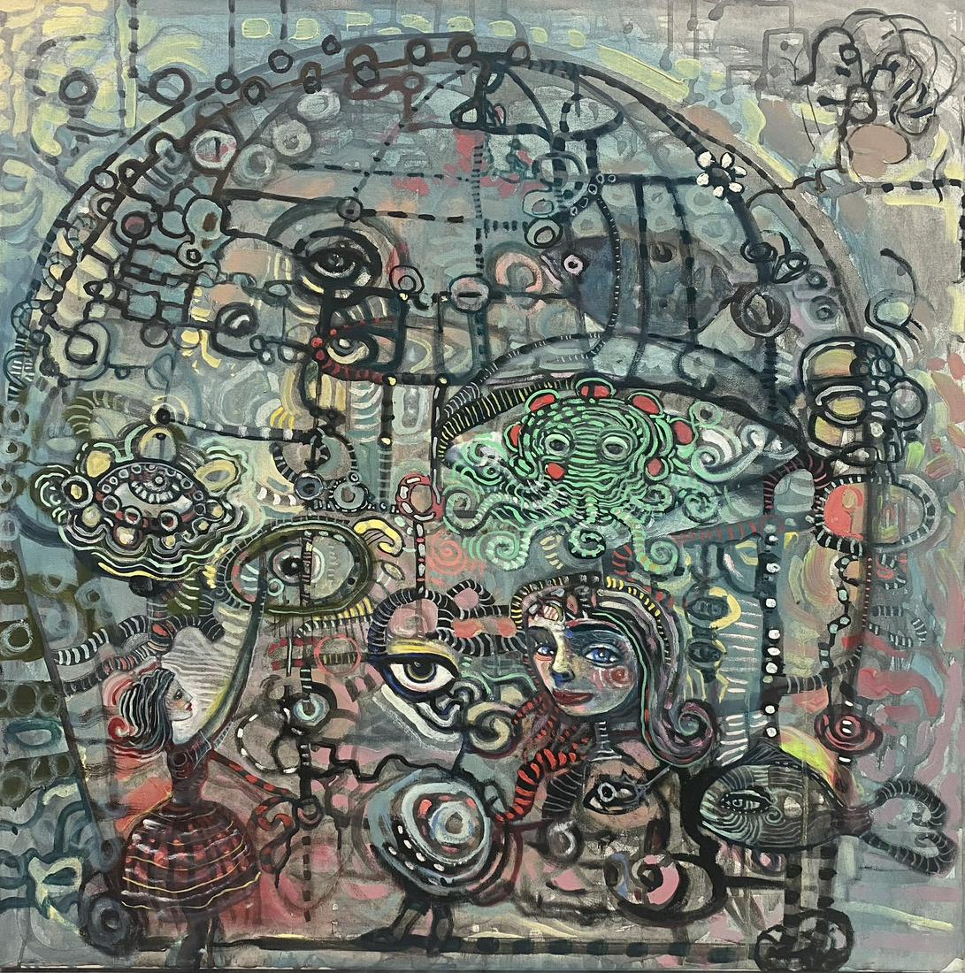 JULIE ROSS DARK WHIMSICAL ARTWORK: ORIGINAL ARTWORK ON CANVAS, 30"X30". JULIE ROSS (SARASOTA, FL, 20/21ST C.), RINGLING SCHOOL OF ART AND DESIGN, THE SCHOOL OF VISUAL ARTS - NEW YORK.