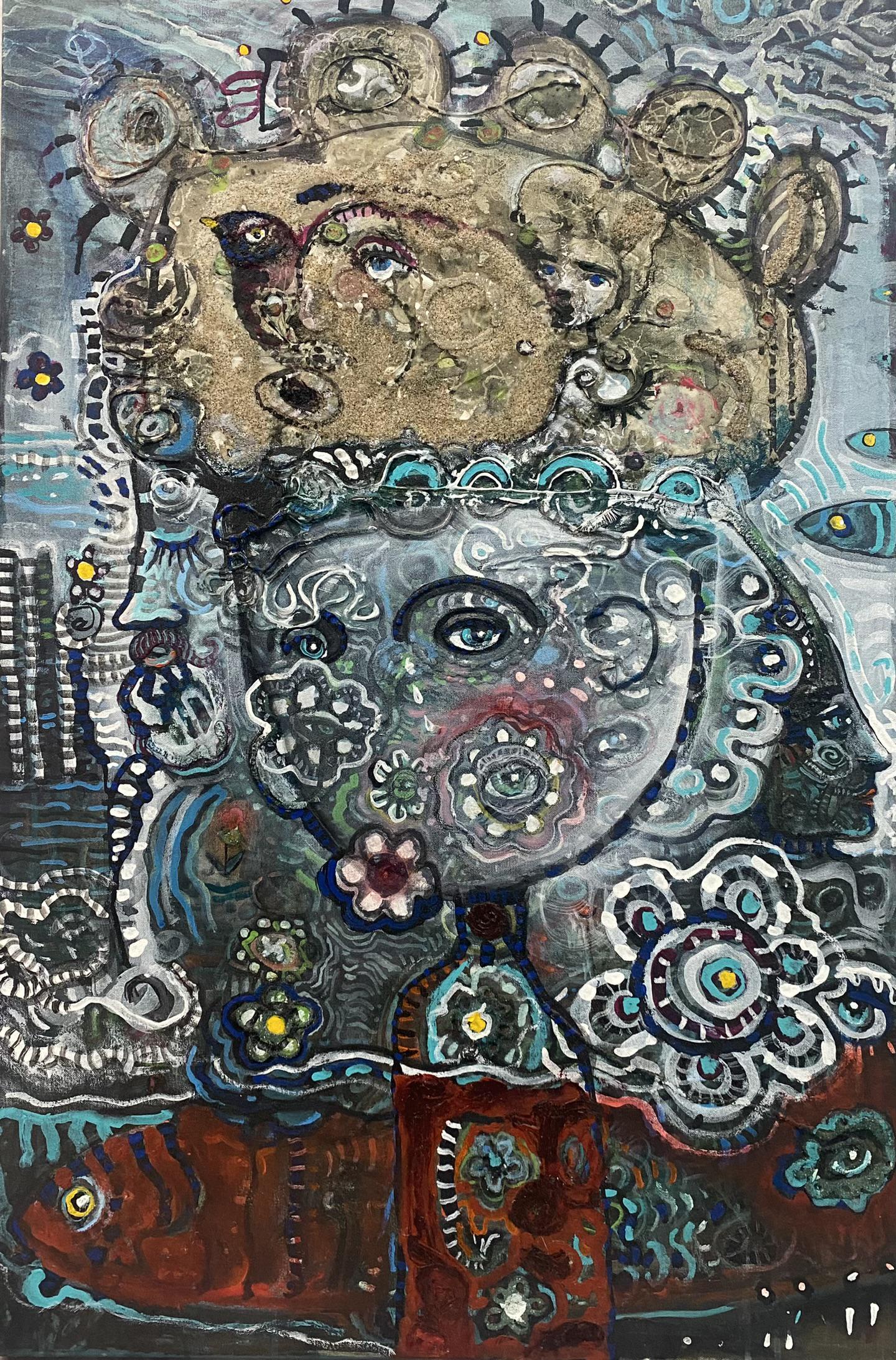 JULIE ROSS DARK WHIMSICAL ARTWORK: ORIGINAL MULTI-MEDIA ARTWORK ON CANVAS, 36"X24". JULIE ROSS (SARASOTA, FL, 20/21ST C.), RINGLING SCHOOL OF ART AND DESIGN, THE SCHOOL OF VISUAL ARTS - NEW YORK.