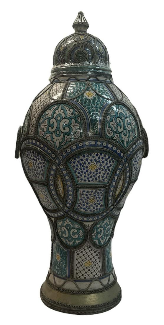 MOROCCAN EARTHENWARE POT: CERAMIC AND METAL ACCENT WITH DOMED TOP AND OPPOSING HANDLES. UNSIGNED. 36"H