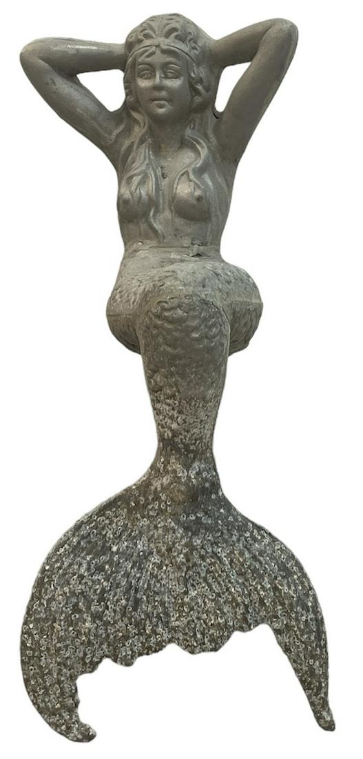 RECLINING MERMAID SCULPTURE: CAST ALUMINUM, BARNACLED TAIL, 33"H