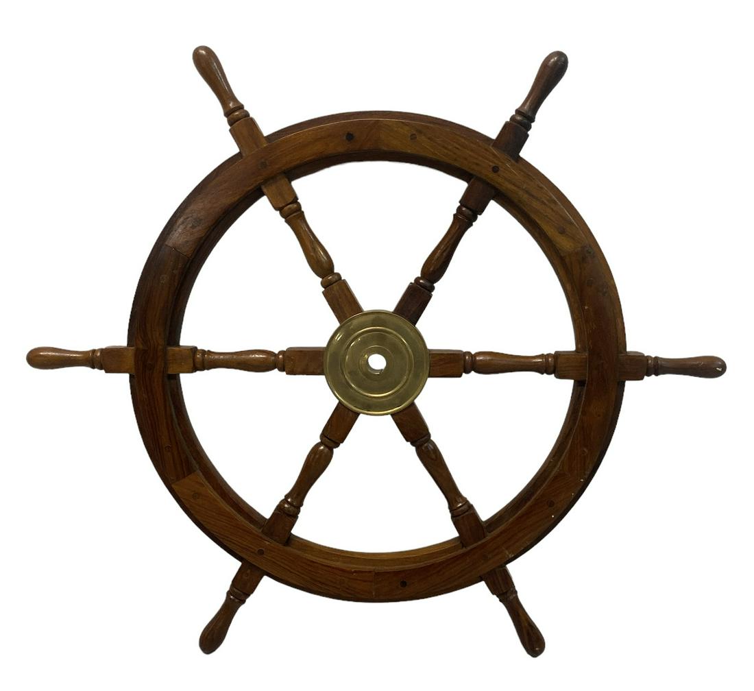ANTIQUE SHIP'S WHEEL: BRASS HUB, 6 SPOKE, 36"DIA.