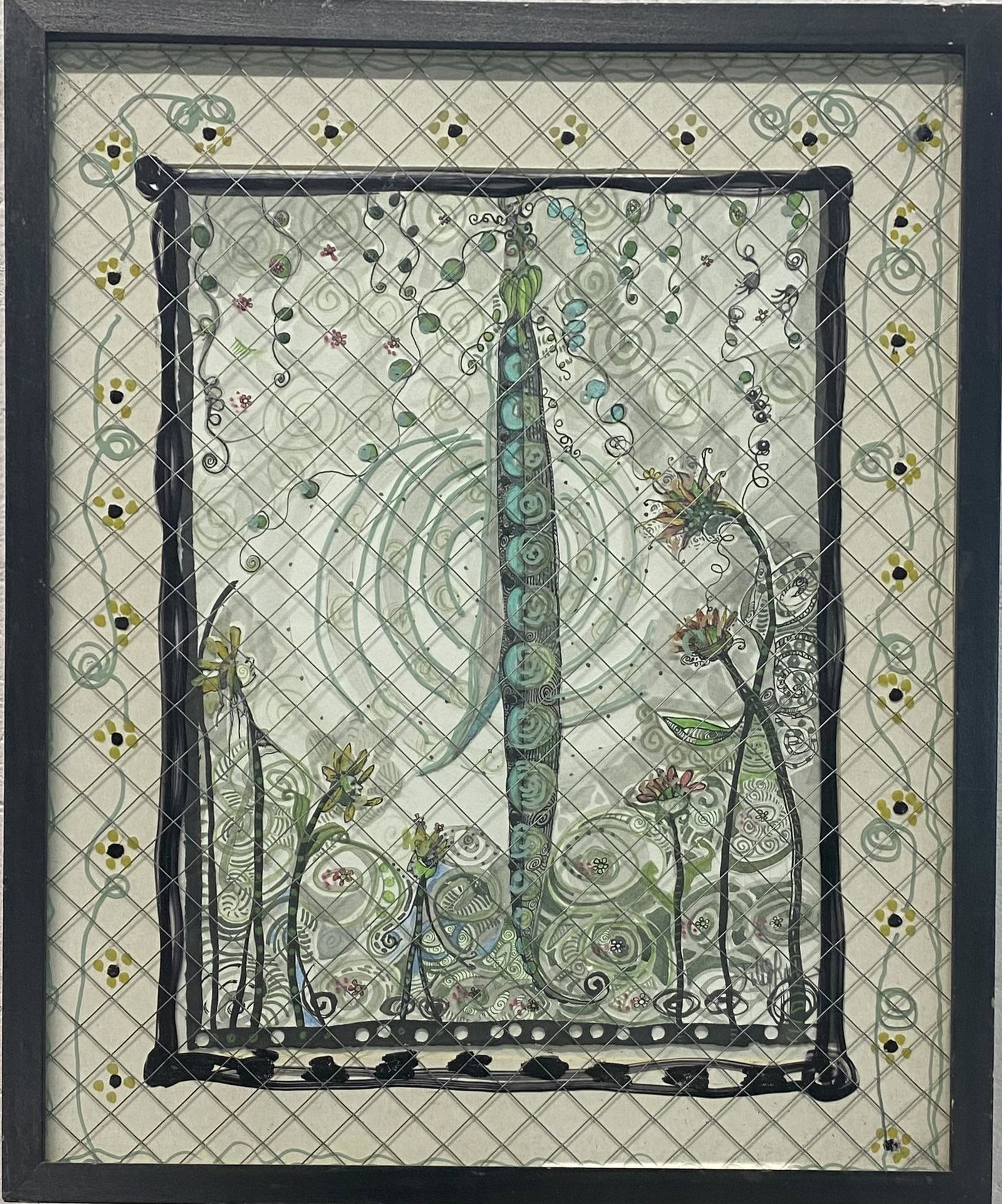 JULIE ROSS WHIMSICAL ARTWORK: ORIGINAL MULTI-MEDIA ARTWORK. ON PAPER AND FRAMED UNDER GRIDDED GLASS, 17"X21". JULIE ROSS (SARASOTA, FL, 20/21ST C.), RINGLING SCHOOL OF ART AND DESIGN, THE SCHOOL OF VISUAL ARTS - NEW YORK.