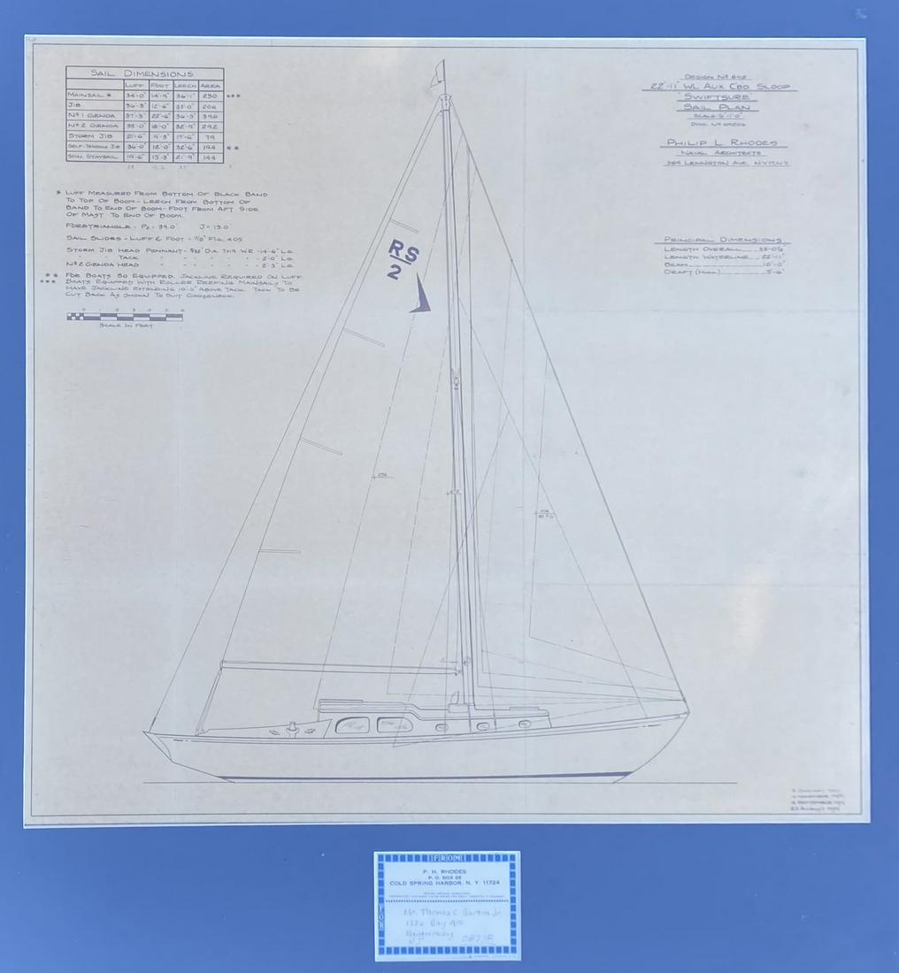 NAVAL ARCHITECTURAL DRAWING: ARCHITECTURAL DRAWING OF SLOOP BY P.H. RHODES FOR THOMAS C. BARTON, JR., C.1960. NICELY FRAMED. 29.5"X31"