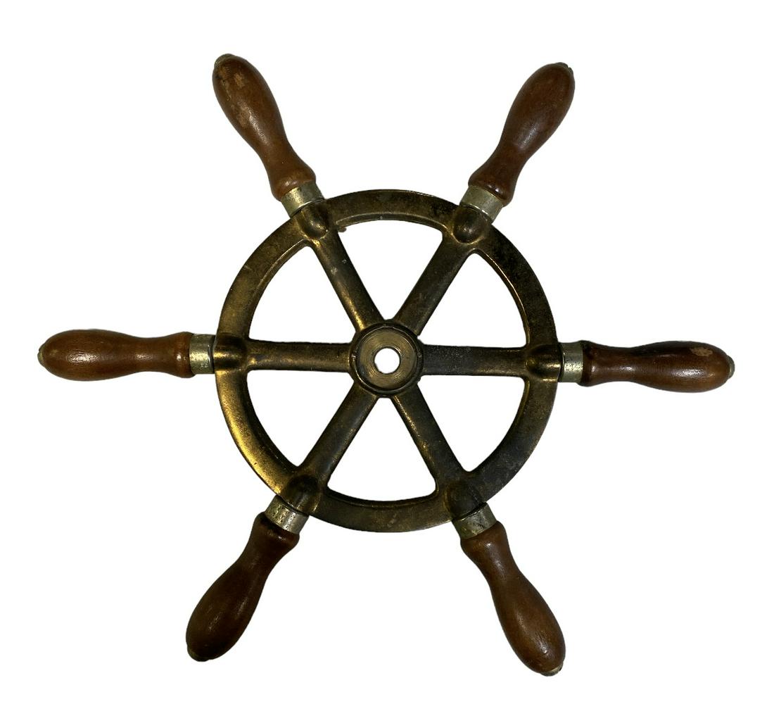 DECORATIVE SHIP WHEEL: BRASS WITH WOODEN HANDLES, 11.5" DIA.