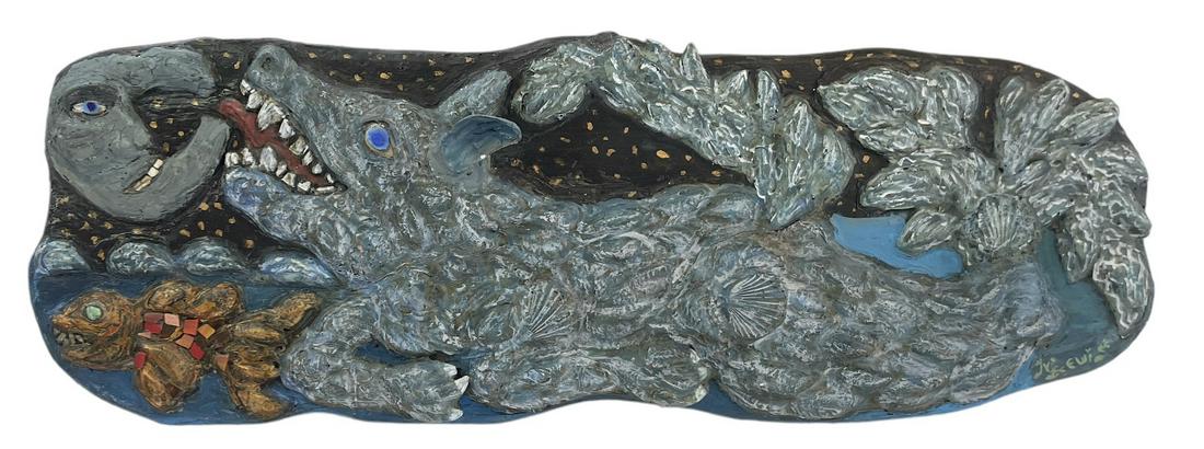 OUTSIDER WALL ART SCULPTURE: MULTI-MEDIA SCULPTURE BY J.V. LEWIS. 48"L