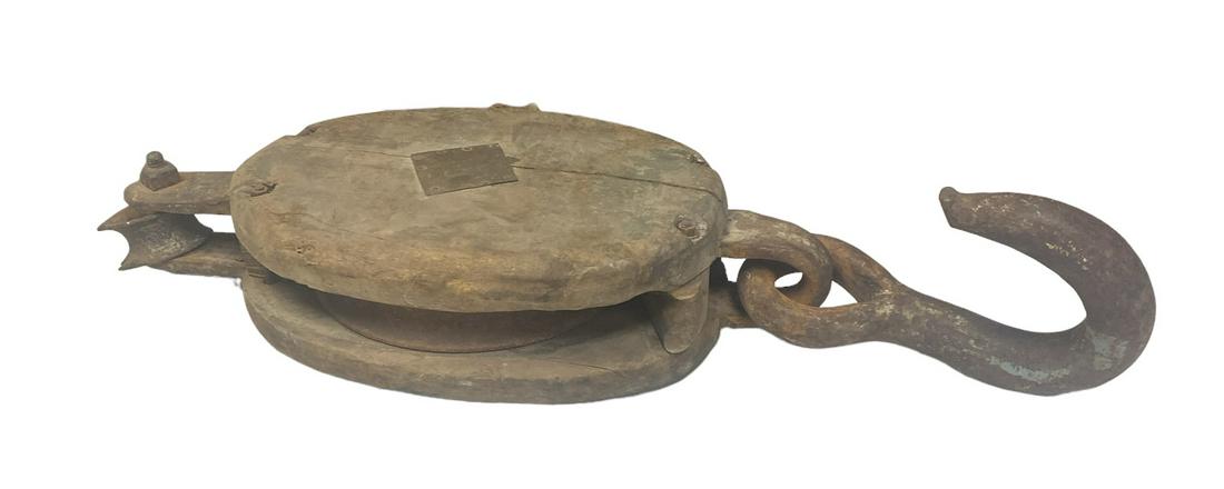 LARGE SHIP'S BLOCK PULLEY: IRON-FITTED, WOODEN BODY. 28"H