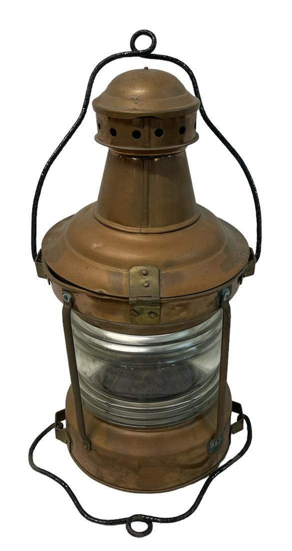 NORWEGIAN NAUTICAL LANTERN: COPPER BODY WITH SOME BASE CRUSHING, DUAL HANDLE WITH POT. 20"