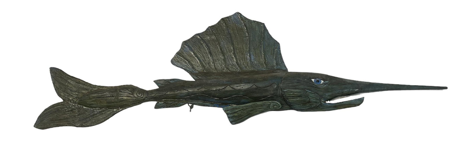 MONUMENTAL ARTISTAN WALL FISH: WOOD CARVED AND PAINT DECORATED MULTI-MEDIA WALL FISH. HAVING STONES FOR TEETH. LENGTH IS 95".