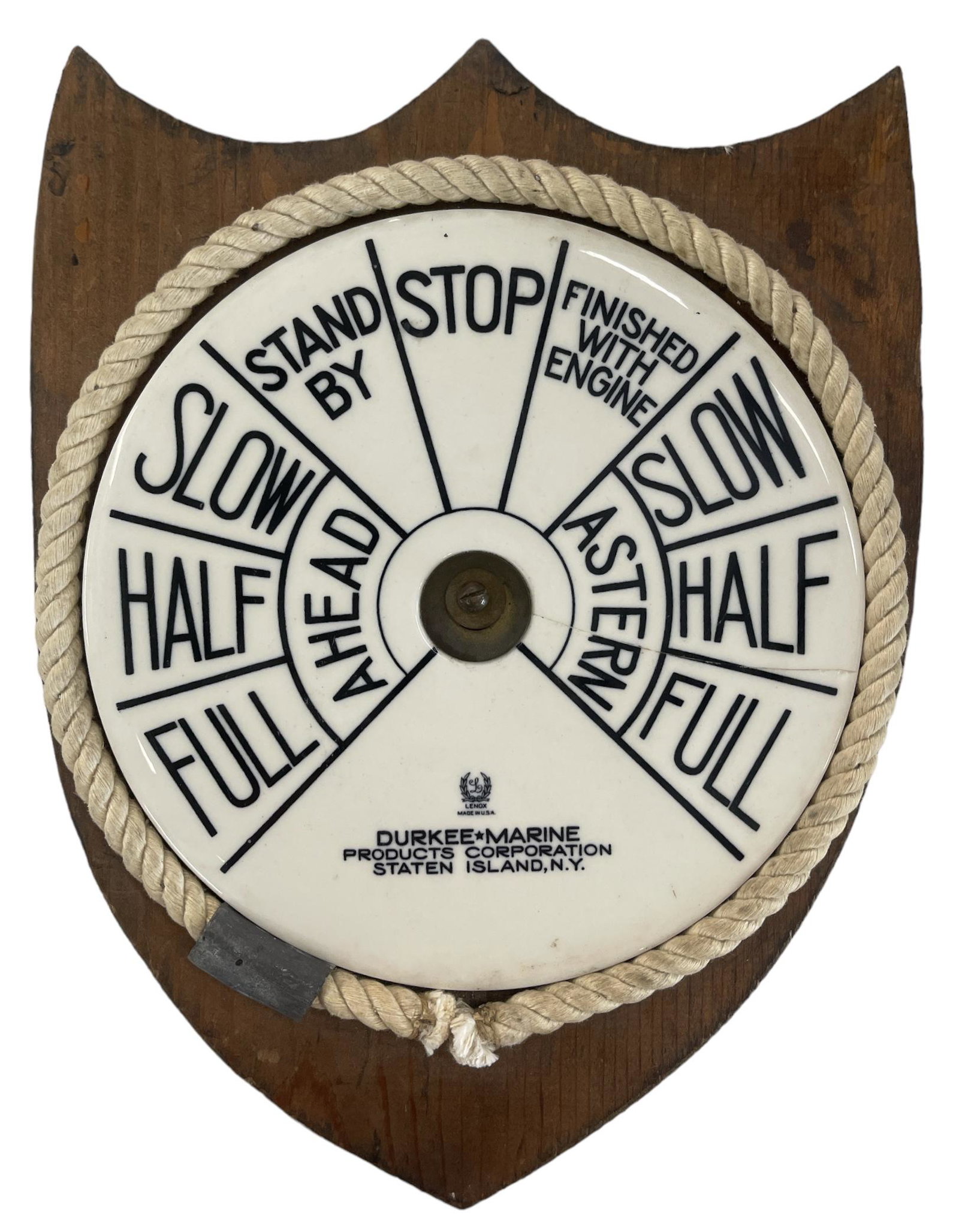SHIP TELEGRAPH FACE PLATE: DURKEE MARINE LENOX CHINA ENGINE ORDER TELEGRAPH FACE PLATE. 10"X14"