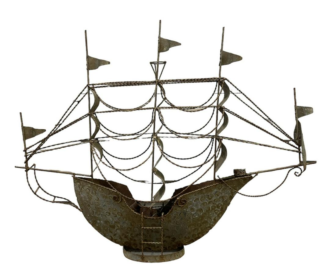 LARGE METAL SHIP LAMPS: ELECTRIFIED METAL SAILING SHIP, DOUBLE SOCKETS. RE-WIRE SUGGESTED. 35"H