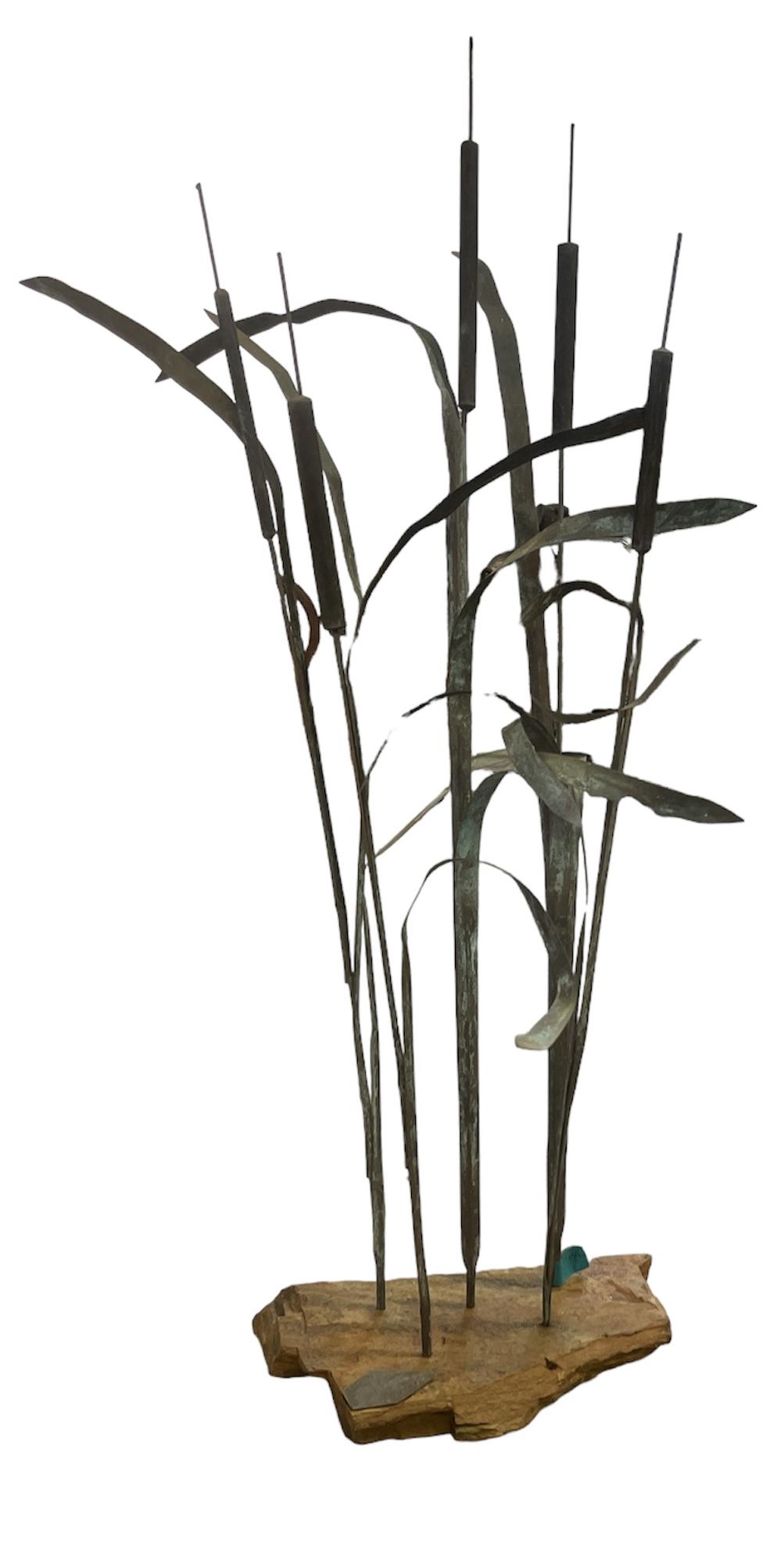 JOHN O. BURKE CAT TAILS SCULPTURE: COPPER CAT TAILS ATOP STONE BASE, SIGNED.