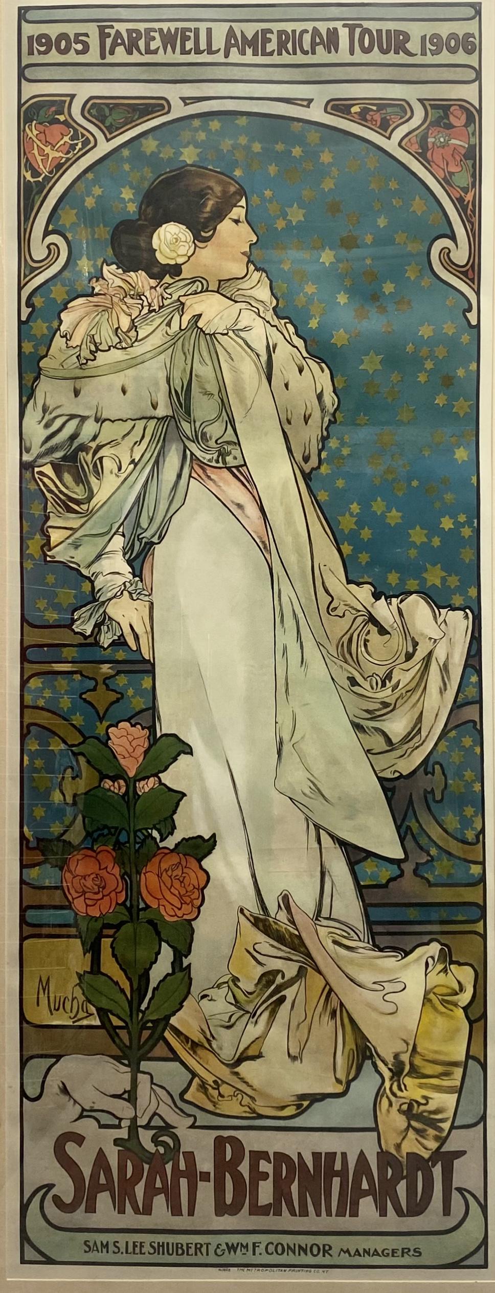 SARAH BERNHARDT FAREWELL TOUR - MUCHA POSTER: AN IMPRESSIVE POSTER FEATURING SARAH BERNHARDT, 1906 FAREWELL AMERICAN TOUR. ILLUSTRATION BY ALPHONSE MUCHA (CZECHOSLOVAKIA, 1860-1939). VARIATION OF LE DAME AU CAMELIA WITH AN ALTERNATE COLOR SCHEME.