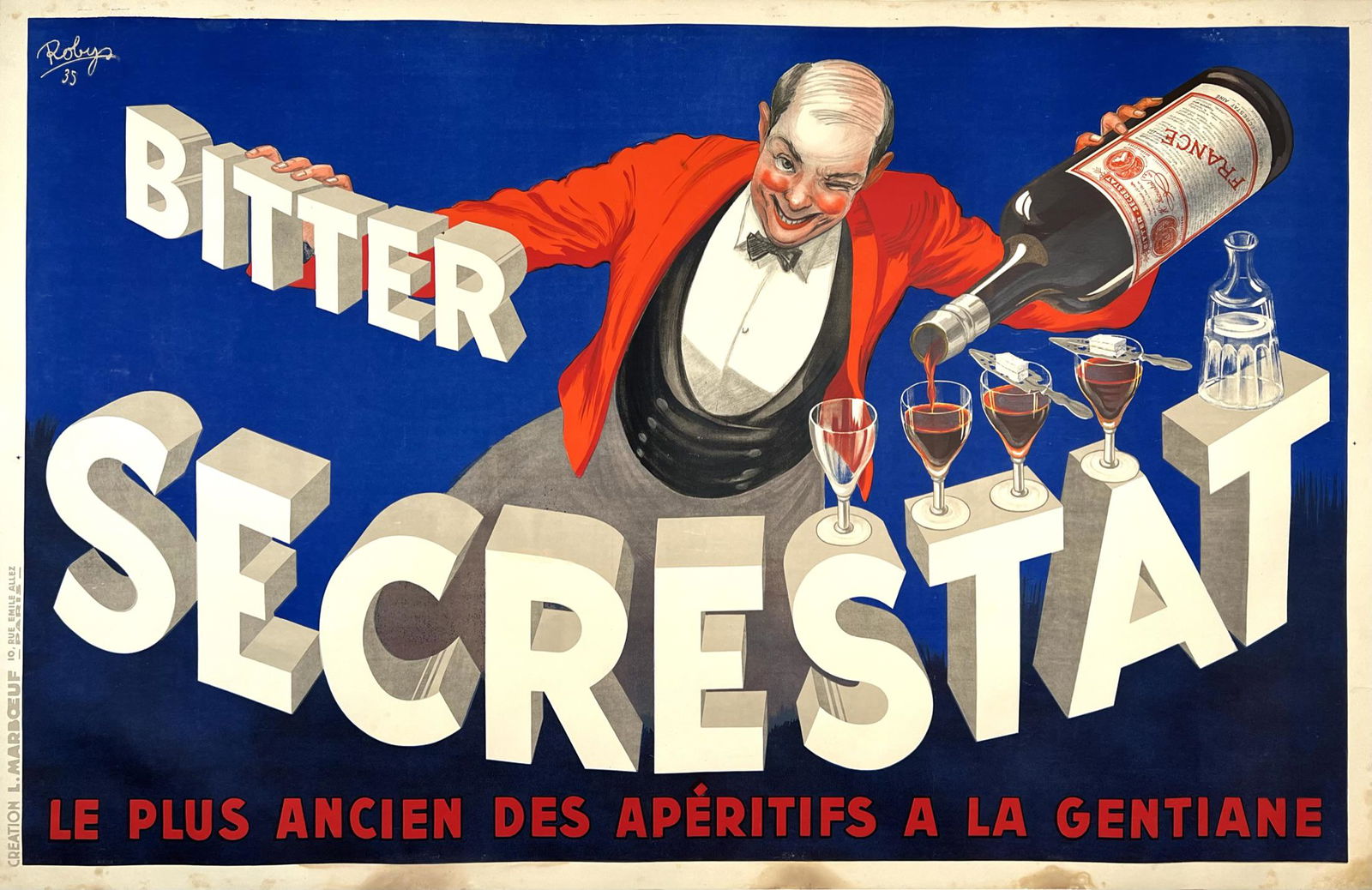 BITTER SECRESTAT VINTAGE POSTER: ORIGINAL VINTAGE POSTER FOR BITTER SECRESTAT, TWO SHEET FLAT WITH ILLUSTRATION BY ROBYS (ROBERT WOLFF). PROFESSIONALLY CONSERVED, ON LINEN. 51"X79"