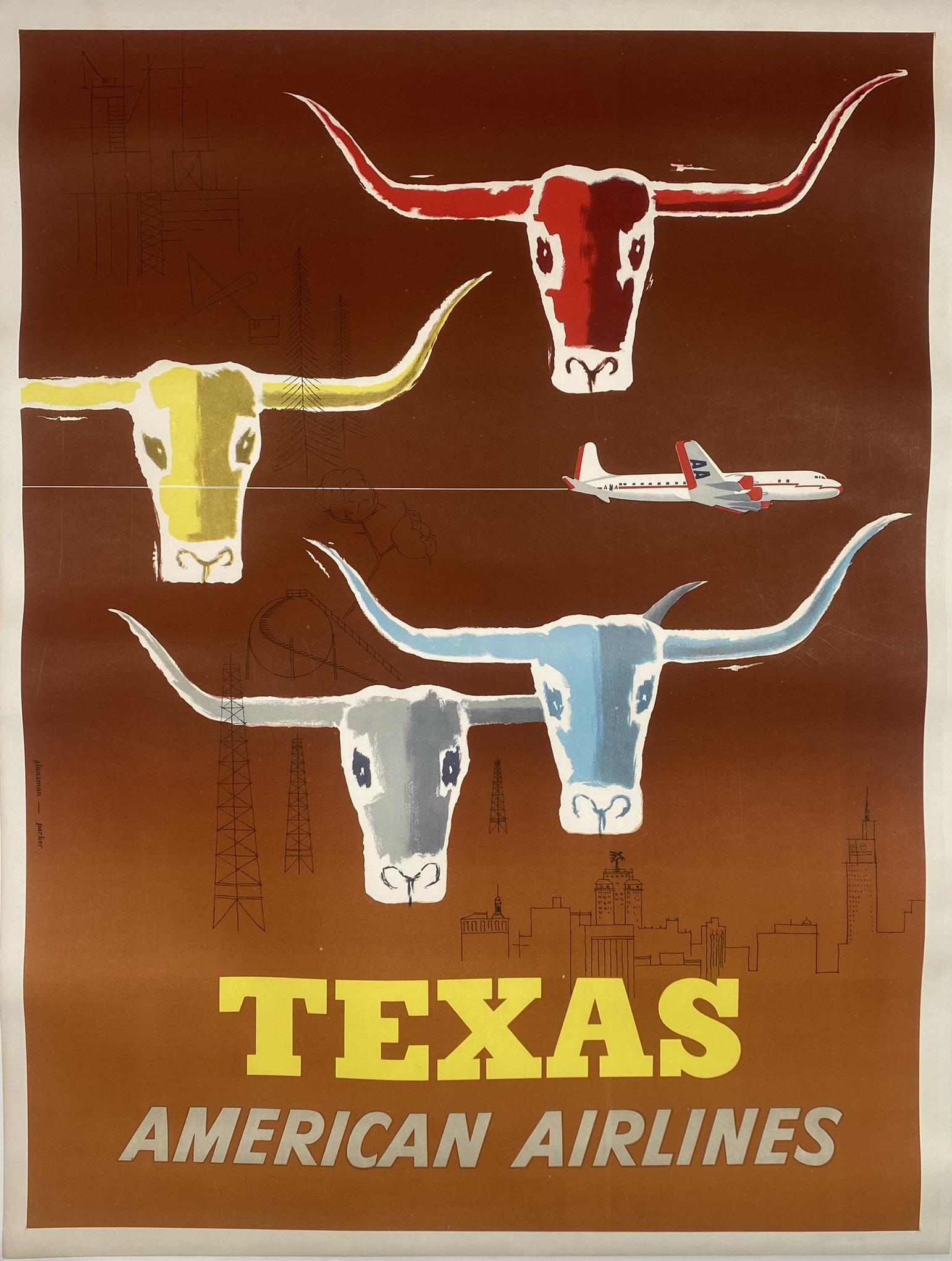 AMERICAN AIRLINES - TEXAS TRAVEL POSTER: ORIGINAL VINTAGE TRAVEL POSTER, AMERICAN AIRLINES, TEXAS. MARTIN D. GLANZMAN & JOSEPH CHARLES PARKER ILLUSTRATION. FEATURING A JET AIRLINER TRAVERSING THE TEXAS SKYLINE AMONG A GROUPING OF TEXAS LONGH