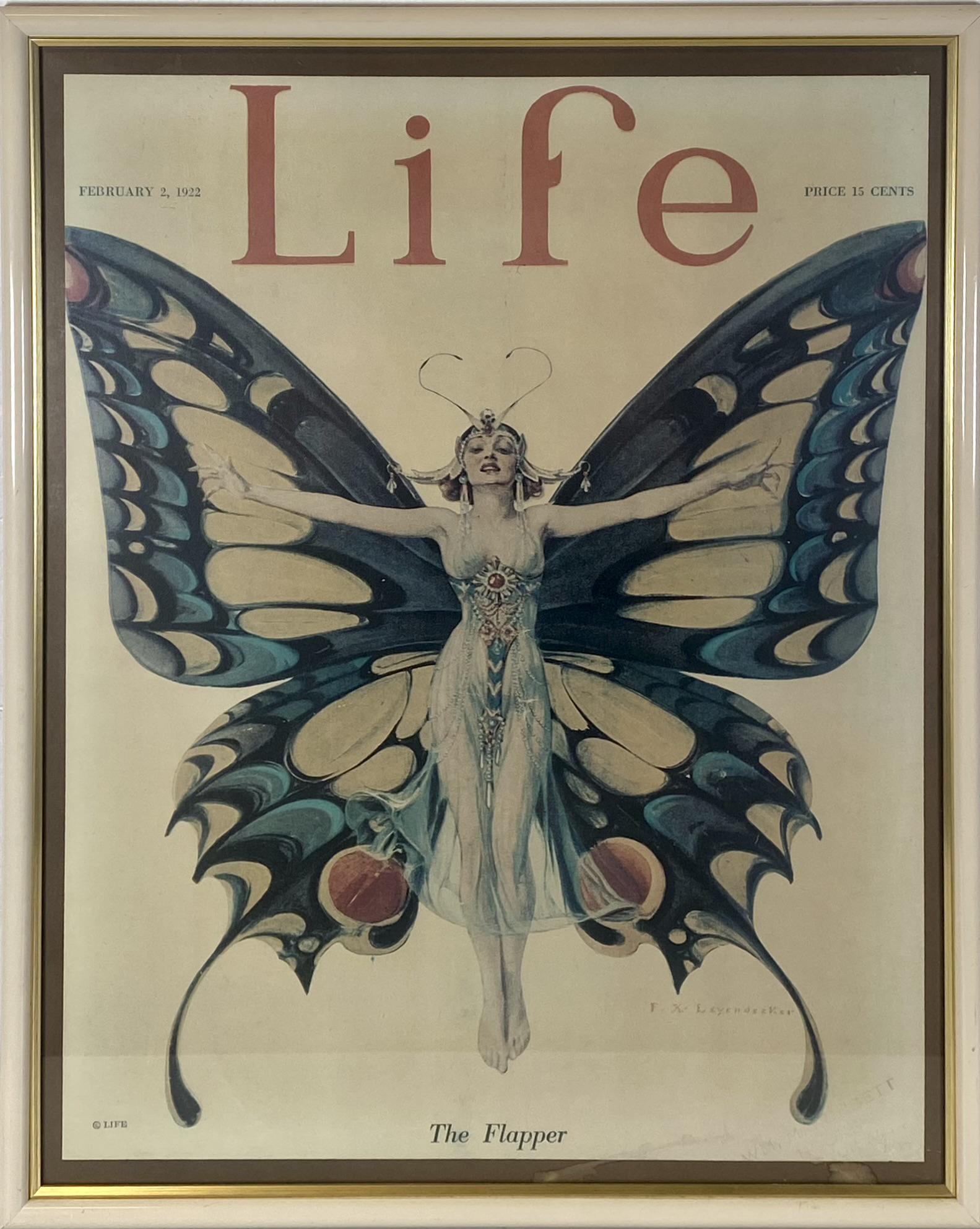 LIFE MAGAZINE COVER POSTER - LEYENDECKER: RESTRIKE POSTER OF THE LIFE MAGAZINE COVER, THE FLAPPER, 1922 WITH ILLUSTRATION BY FRANK XAVIER LEYENDECKER (1876-1924). HAS NOT BEEN EXAMINED OUTSIDE OF FRAME. OVERALL 23.75"X30"