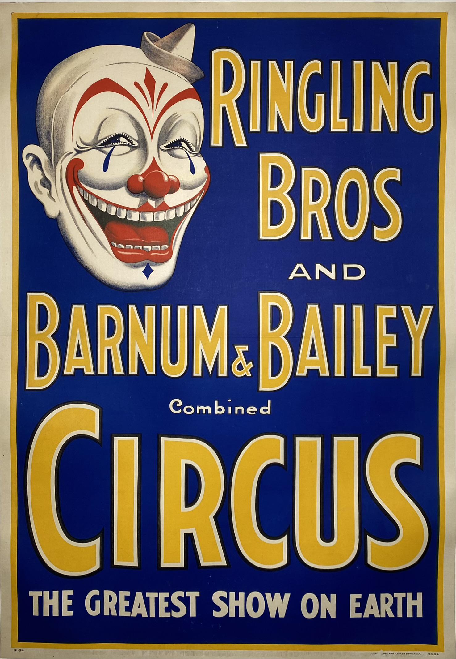 RINGLING BROS. BARNUM & BAILEY CIRCUS POSTER: ORIGINAL VINTAGE CIRCUS POSTER, ONE SHEET, ERIE LITHO, C.1934. SMILING CLOWN WITH SHOW TITLE. PROFESSIONALLY CONSERVED, ON LINEN. IMAGE 27.5"X41"