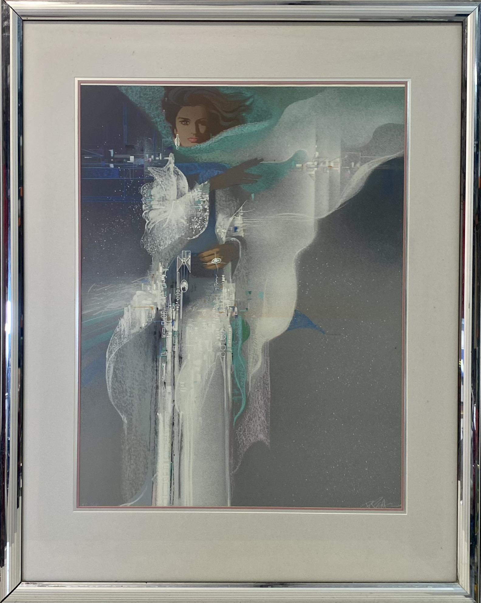 ROBERT PEAK LADY IN WHITE SILKSCREEN: ROBERT PEAK (1927-1992) SILKSCREEN TITLED LADY IN WHITE. SIGNED. SILVER MIRRORED FRAMED WITH MAT. OVERALL 39"X50", IMAGE 27"X36"