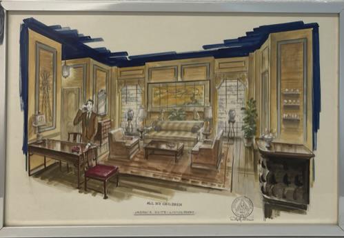 ALL MY CHILDREN SET SKETCH: ORIGINAL HAND-DRAWN AND DECORATED SET SKETCH OF JASON'S SUITE - LIVING ROOM, ALL MY CHILDREN. ALL MY CHILDREN WAS AN AMERICAN TELEVISION SOAP OPERA THAT AIRD ON ABC FROM 1970 UNTIL 2011. THIS ILLUSTRA