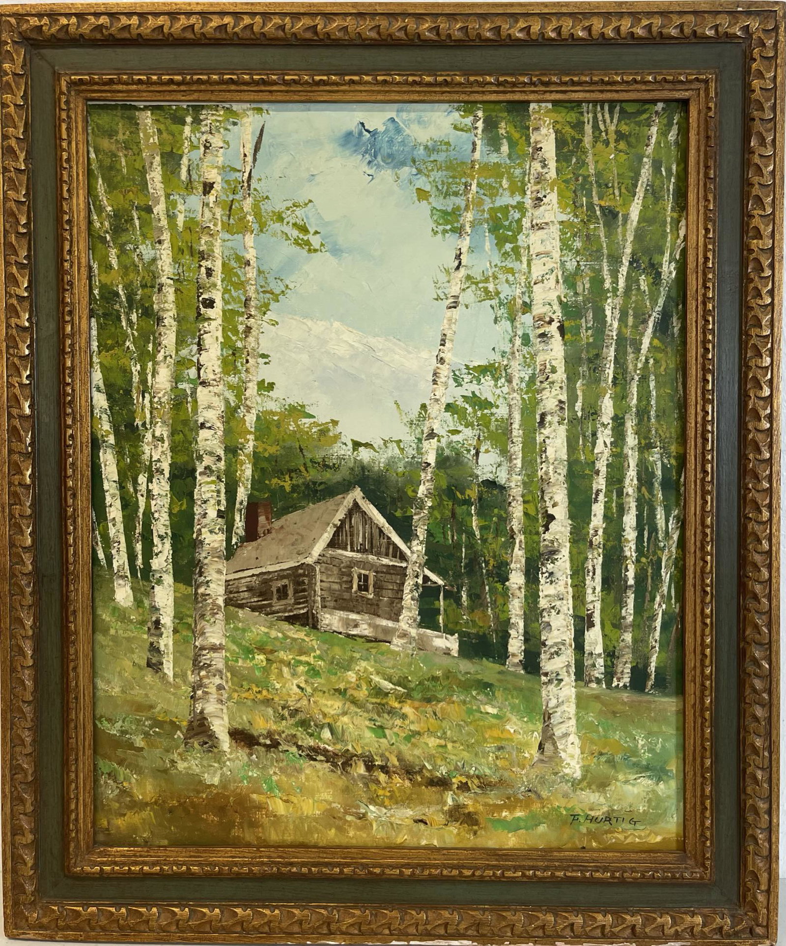 EARL F. HURTIG PAINTING: EARL F. HURTIG (AMERICAN, B.1890) OIL ON CANVAS PAINTING OF A CABIN IN THE BIRCH FOREST, SIGNED LOWER RIGHT. FRAMED, OVERALL 30"X37"