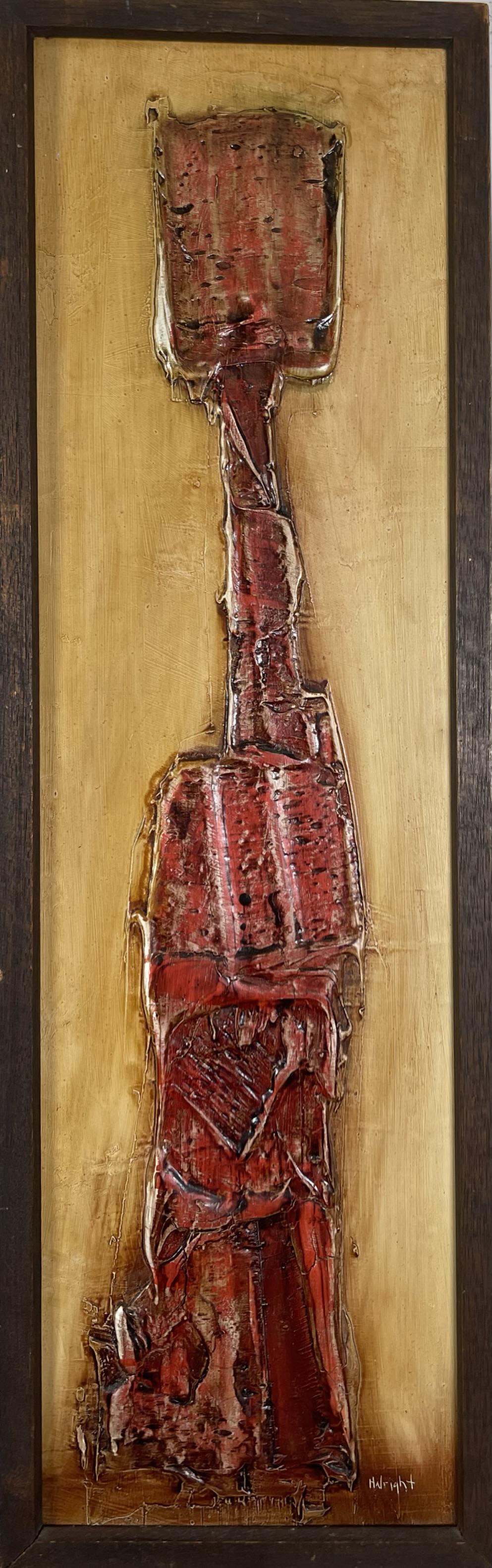 HALRIGHT ABSTRACT ART: MIXED MEDIA PAINTING OF ABSTRACT ON MASONITE OF A KNIGHT, SIGNED HALRIGHT. FRAMED, 10"X31"