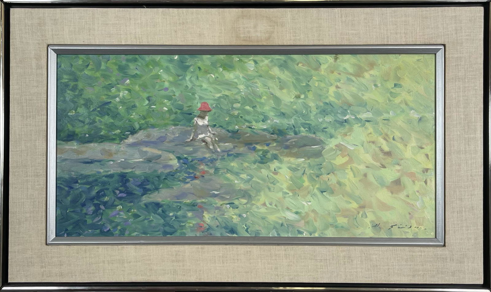 ANDRE GISSON PAINTING: ATTRIBUTED TO ANDRE GISSON (1921-2003) OIL ON CANVAS PAINTING OF A GIRL ON A ROCK. SIGNED A. GISSON LOWER RIGHT. FRAMED, OVERALL 18"X30"