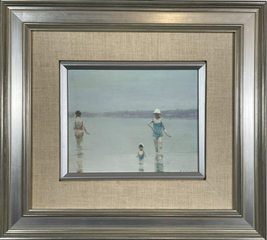 ANDRE GISSON PAINTING: ATTRIBUTED TO ANDRE GISSON (1921-2003) OIL ON CANVAS PAINTING OF TWO WOMEN AND A GIRL ON AT THE SEA. SIGNED A. GISSON LOWER RIGHT. FRAMED, OVERALL 17"X18"