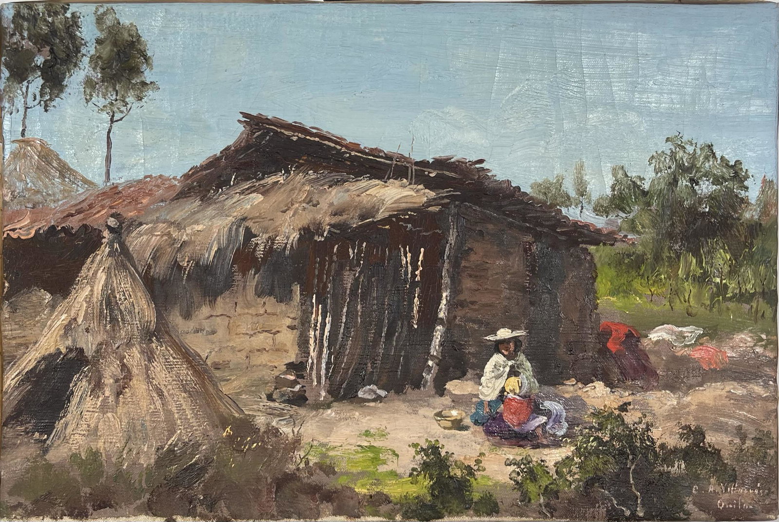 CESAR VILLACRES PAINTING: CESAR VILLACRES (1880-1941) OIL ON CANVAS PAINTING OF QUITO VILLAGE. UNFRAMED. 11"X16.5"