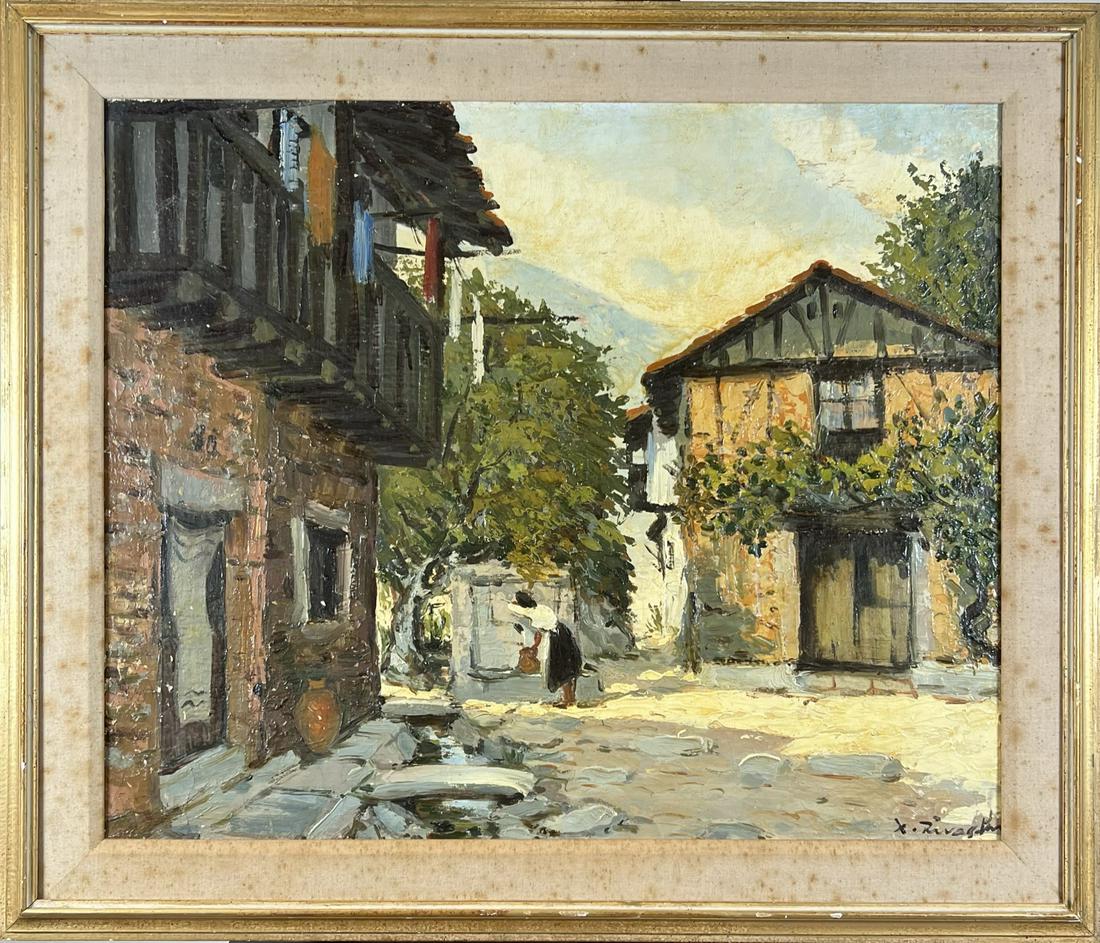 PAINTING OF WOMAN AT TOWN WELL: OIL ON CANVAS, SIGNED ILLEGIBLE. GILT FRAMED, WITH LINEN MAT (FOXING). IMAGE 28"X23", OVERALL 29"X35"