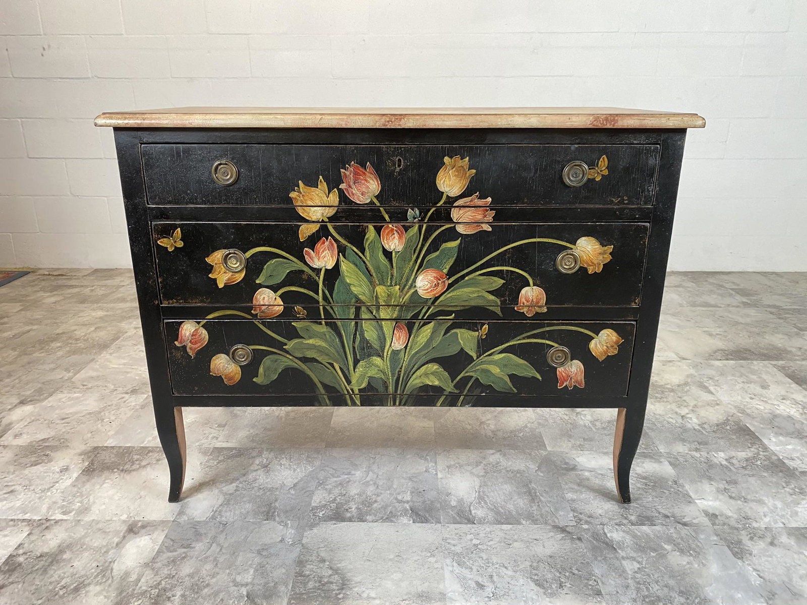 ITALIAN DECORATED CHEST: PATINA - ITALIAN DECORATED CHEST HAVING FLORAL SCENES. 45"W, 21"D, 35"H